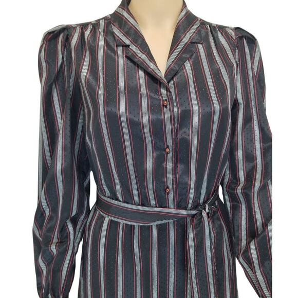 1980s Striped Metallic Long Sleeve Midi Dress Button Up Belted Vintage Size 7/8 - Picture 3 of 8